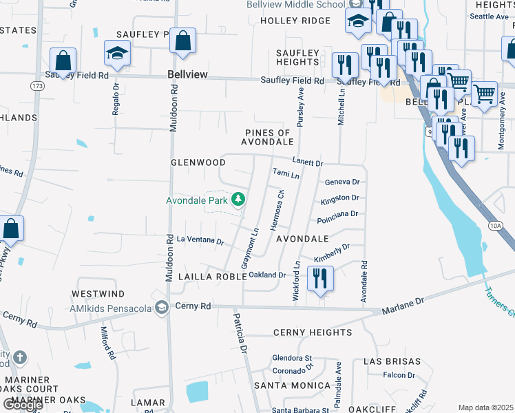map of restaurants, bars, coffee shops, grocery stores, and more near 5759 Graymont Lane in Bellview