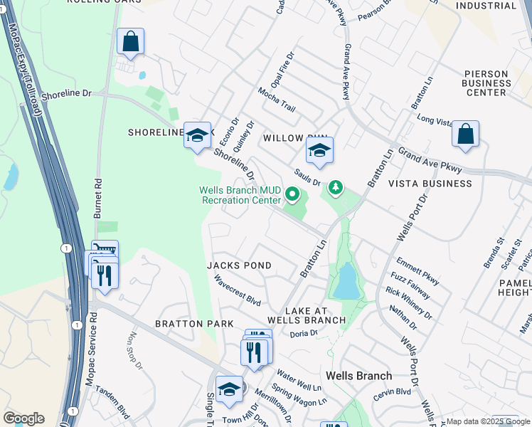 map of restaurants, bars, coffee shops, grocery stores, and more near 3101 Shoreline Drive in Austin
