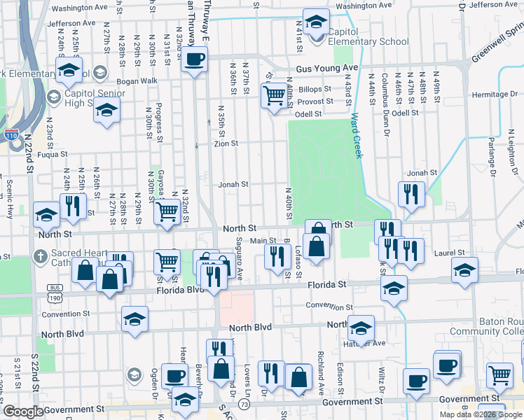 map of restaurants, bars, coffee shops, grocery stores, and more near 649 North 38th Street in Baton Rouge