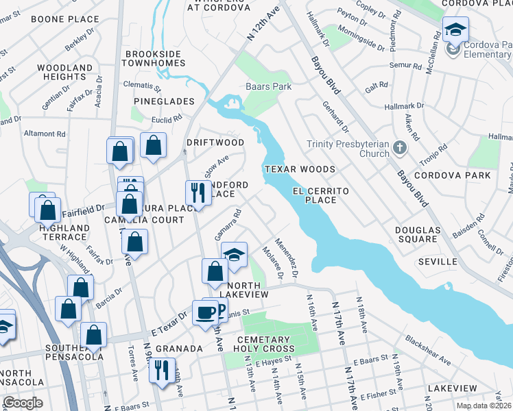 map of restaurants, bars, coffee shops, grocery stores, and more near 3848 Menendez Drive in Pensacola