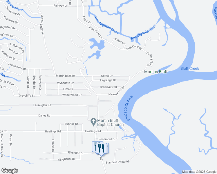 map of restaurants, bars, coffee shops, grocery stores, and more near 1213 Grandview Street in Gautier