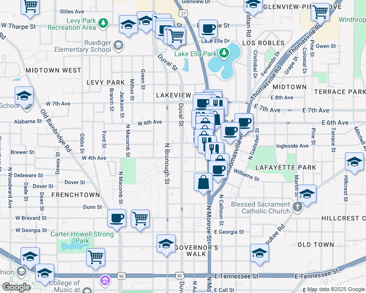 map of restaurants, bars, coffee shops, grocery stores, and more near 185 West 5th Avenue in Tallahassee