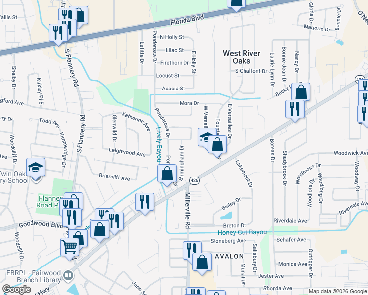 map of restaurants, bars, coffee shops, grocery stores, and more near 821 Birmingham Drive in Baton Rouge