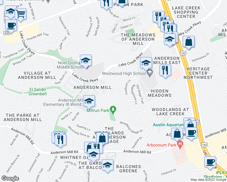 map of restaurants, bars, coffee shops, grocery stores, and more near 12201 Jill Sue Court in Austin
