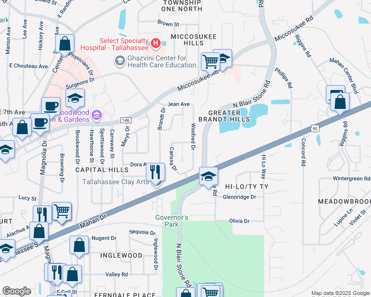 map of restaurants, bars, coffee shops, grocery stores, and more near 1129 Nandina Court in Tallahassee