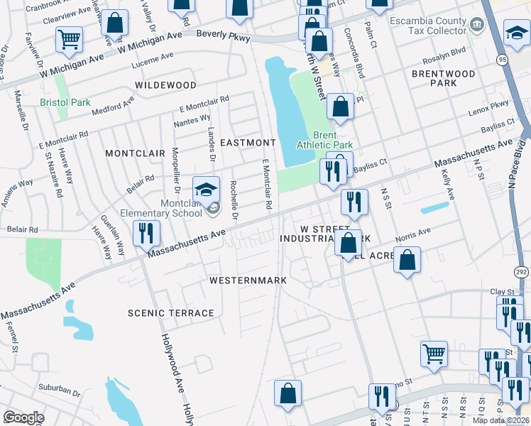 map of restaurants, bars, coffee shops, grocery stores, and more near 4465 East Montclair Road in Pensacola