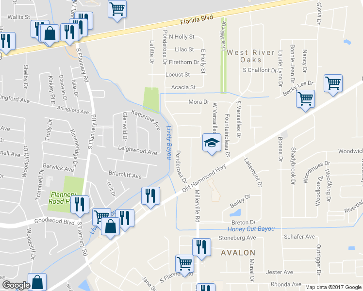 map of restaurants, bars, coffee shops, grocery stores, and more near 837 Ponderosa Drive in Baton Rouge