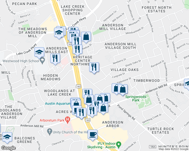 map of restaurants, bars, coffee shops, grocery stores, and more near 13581 Pond Springs Road in Austin