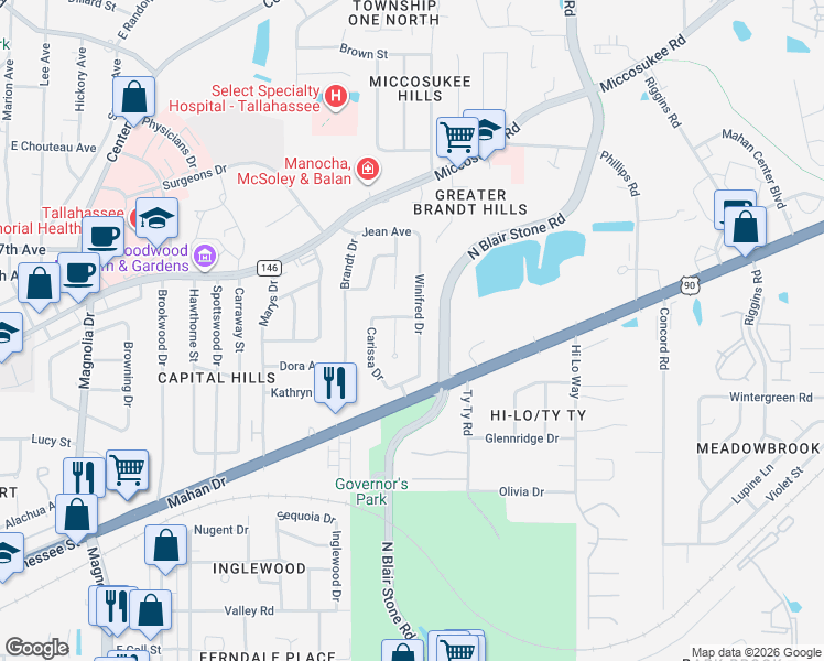 map of restaurants, bars, coffee shops, grocery stores, and more near 1129 Nandina Court in Tallahassee