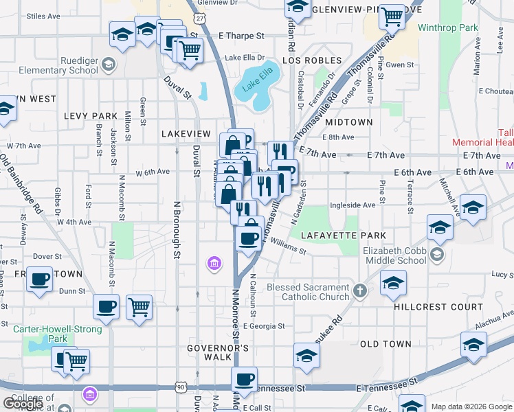 map of restaurants, bars, coffee shops, grocery stores, and more near 231 East 5th Avenue in Tallahassee