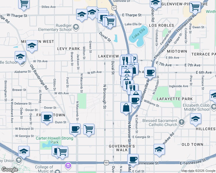 map of restaurants, bars, coffee shops, grocery stores, and more near 185 West 5th Avenue in Tallahassee