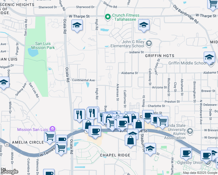 map of restaurants, bars, coffee shops, grocery stores, and more near 1100 Greentree Lane in Tallahassee