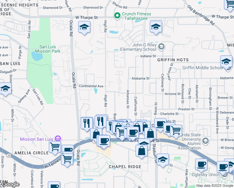map of restaurants, bars, coffee shops, grocery stores, and more near 1100 Greentree Lane in Tallahassee