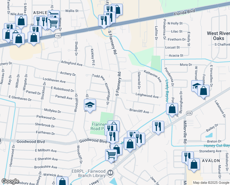 map of restaurants, bars, coffee shops, grocery stores, and more near 445 Kimmeridge Drive in Baton Rouge