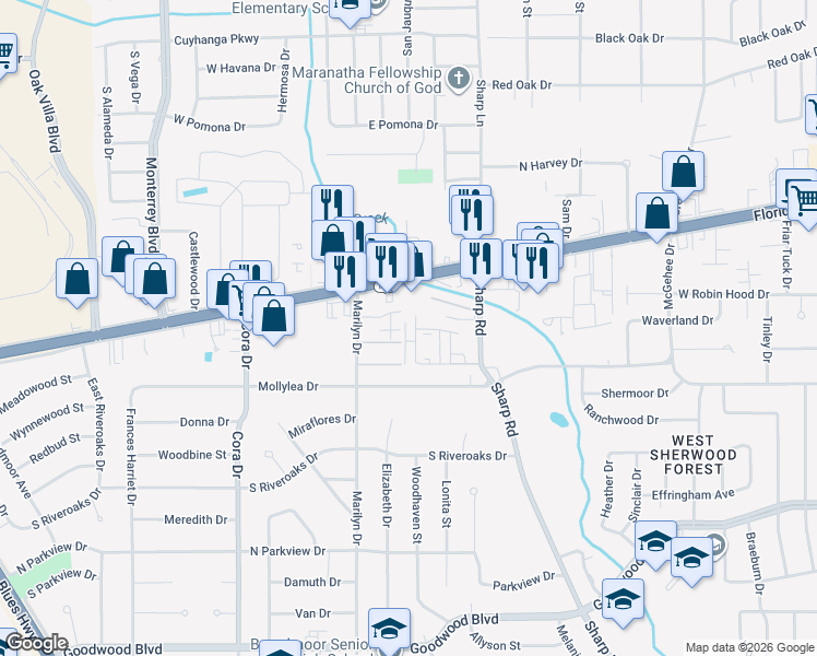 map of restaurants, bars, coffee shops, grocery stores, and more near 155 Marilyn Drive in Baton Rouge