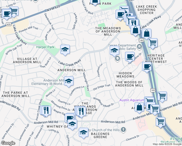 map of restaurants, bars, coffee shops, grocery stores, and more near 12201 Jill Sue Court in Austin