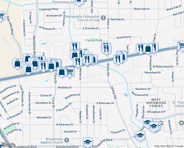 map of restaurants, bars, coffee shops, grocery stores, and more near 155 Marilyn Drive in Baton Rouge