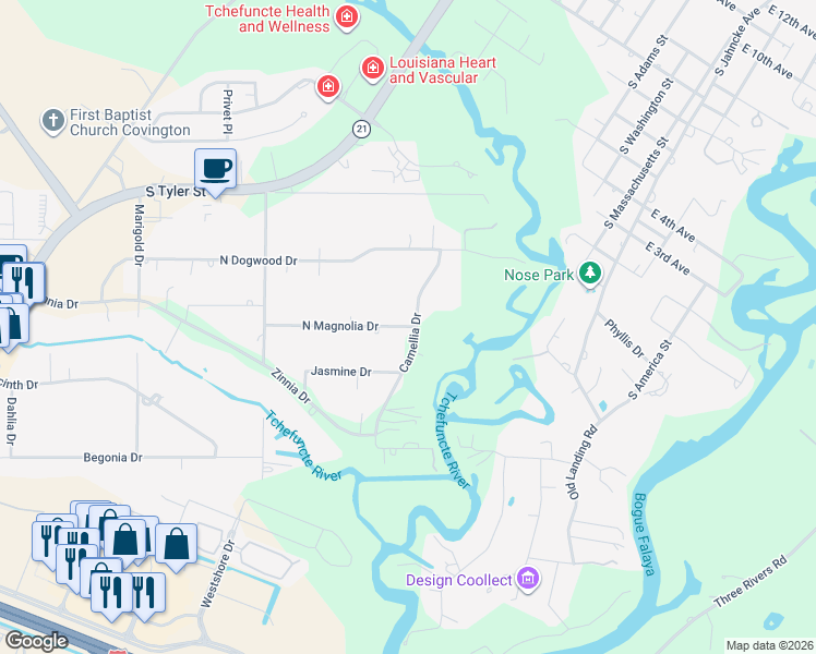 map of restaurants, bars, coffee shops, grocery stores, and more near 115 Magnolia Drive in Covington