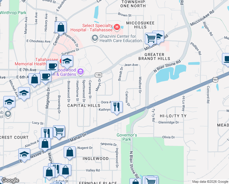 map of restaurants, bars, coffee shops, grocery stores, and more near 1105 Buckingham Drive in Tallahassee