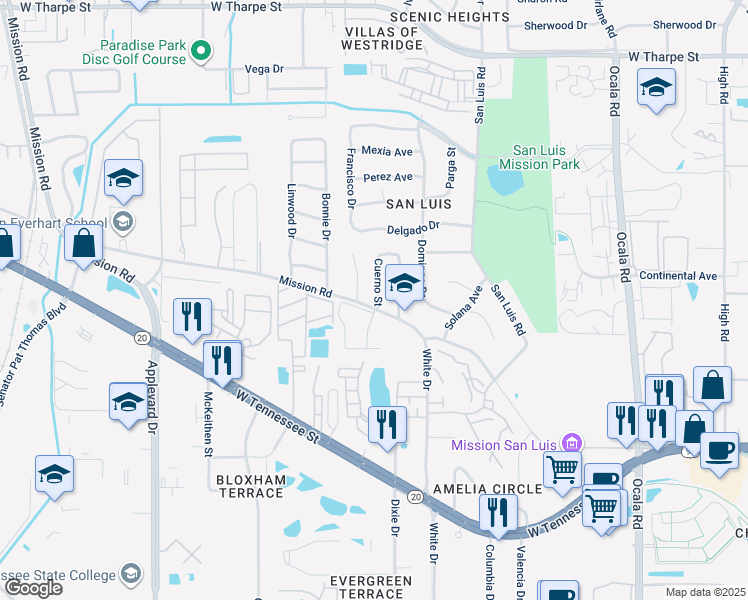 map of restaurants, bars, coffee shops, grocery stores, and more near 1104 Cuerno Street in Tallahassee