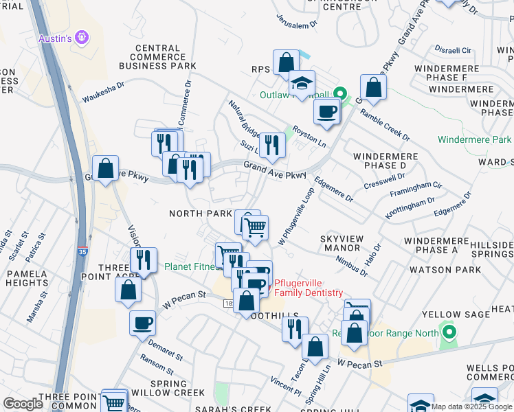 map of restaurants, bars, coffee shops, grocery stores, and more near 16101 White River Boulevard in Pflugerville