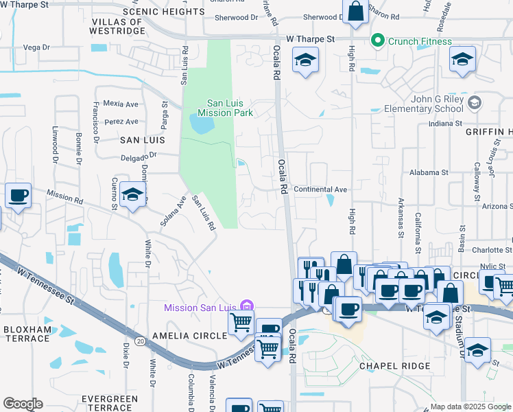 map of restaurants, bars, coffee shops, grocery stores, and more near 1231 Chee Lane in Tallahassee
