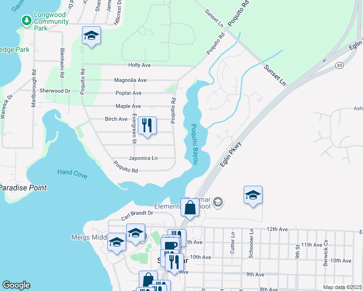 map of restaurants, bars, coffee shops, grocery stores, and more near 39 Poquito Road in Shalimar