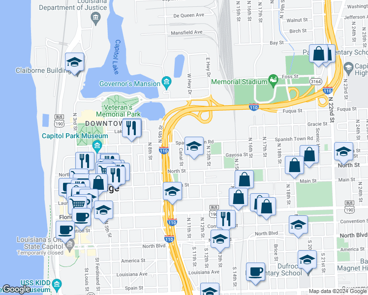 map of restaurants, bars, coffee shops, grocery stores, and more near 729 N 11th St in Baton Rouge