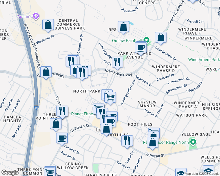 map of restaurants, bars, coffee shops, grocery stores, and more near 16101 White River Boulevard in Pflugerville