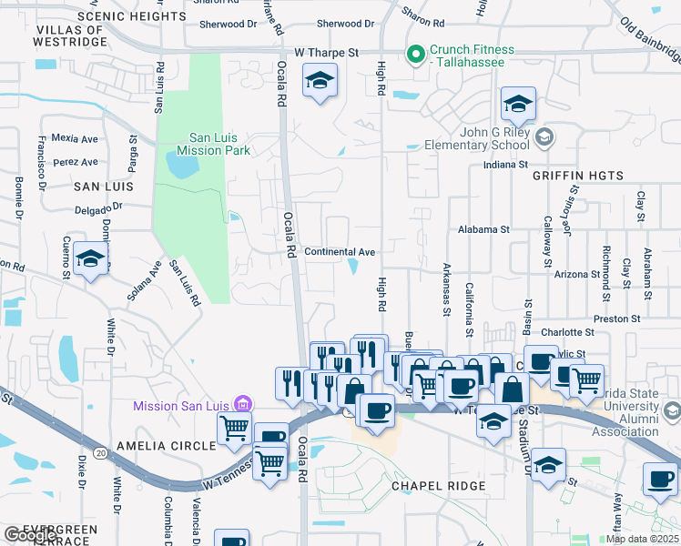 map of restaurants, bars, coffee shops, grocery stores, and more near 2027 Continental Avenue in Tallahassee