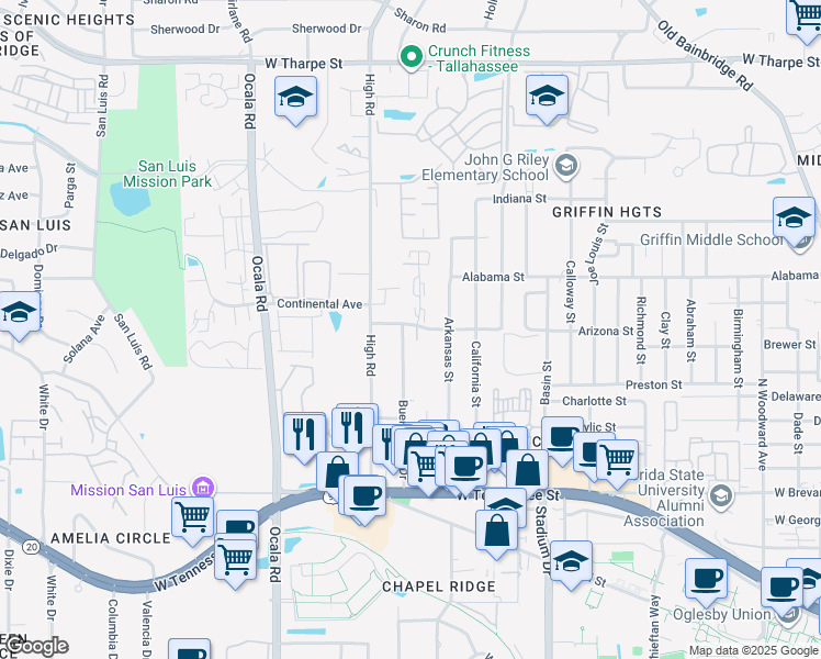 map of restaurants, bars, coffee shops, grocery stores, and more near 1100 Greentree Lane in Tallahassee