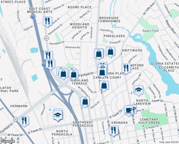 map of restaurants, bars, coffee shops, grocery stores, and more near 704 East Fairfield Drive in Pensacola