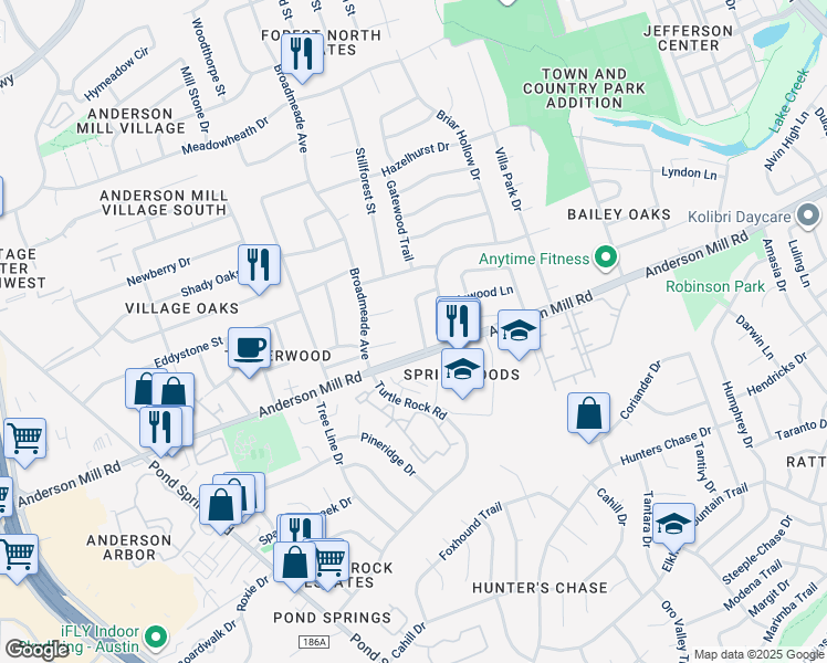 map of restaurants, bars, coffee shops, grocery stores, and more near 12904 Tilghman Trail in Austin
