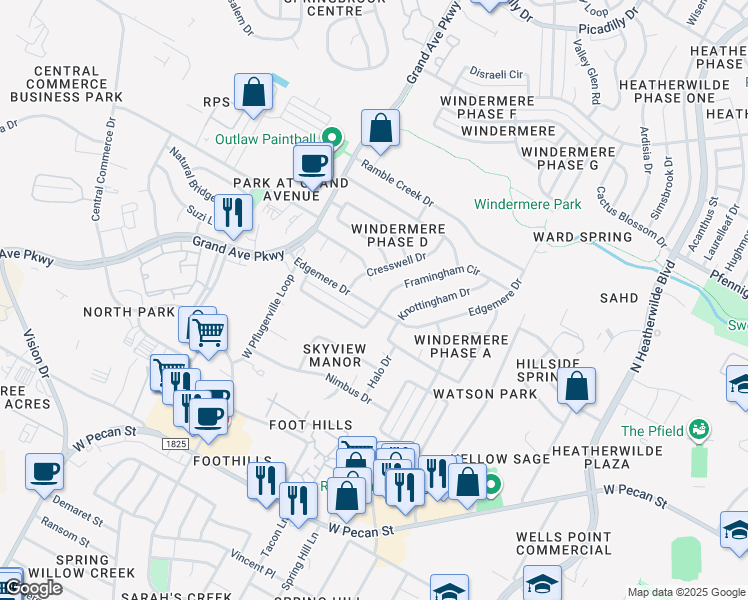 map of restaurants, bars, coffee shops, grocery stores, and more near 16336 Edgemere Drive in Pflugerville