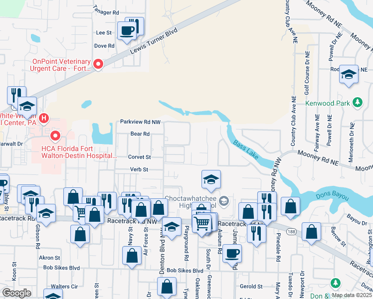 map of restaurants, bars, coffee shops, grocery stores, and more near 608 Manor Court in Fort Walton Beach