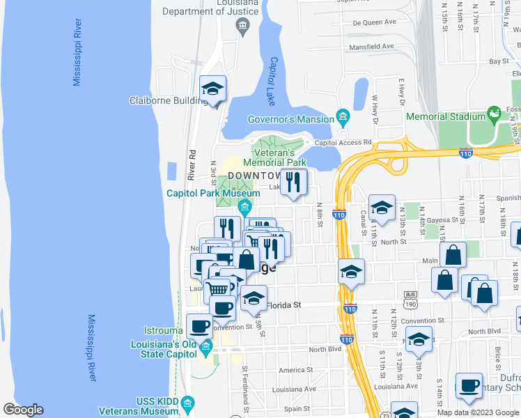 map of restaurants, bars, coffee shops, grocery stores, and more near 740 North 5th Street in Baton Rouge