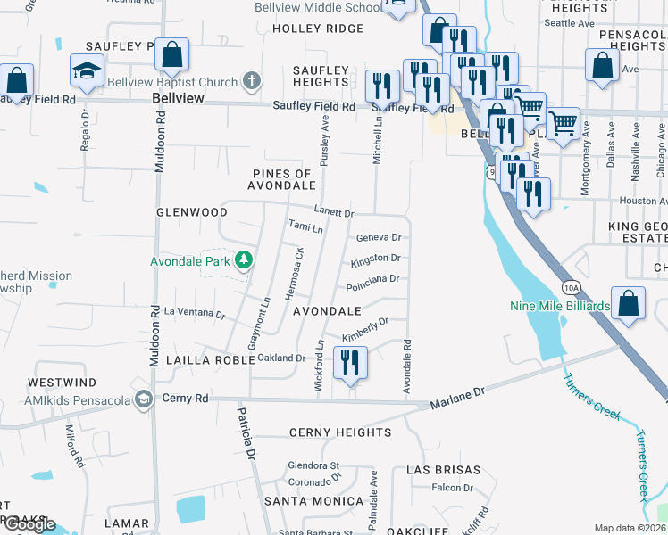 map of restaurants, bars, coffee shops, grocery stores, and more near 5745 Wickford Ln in Pensacola