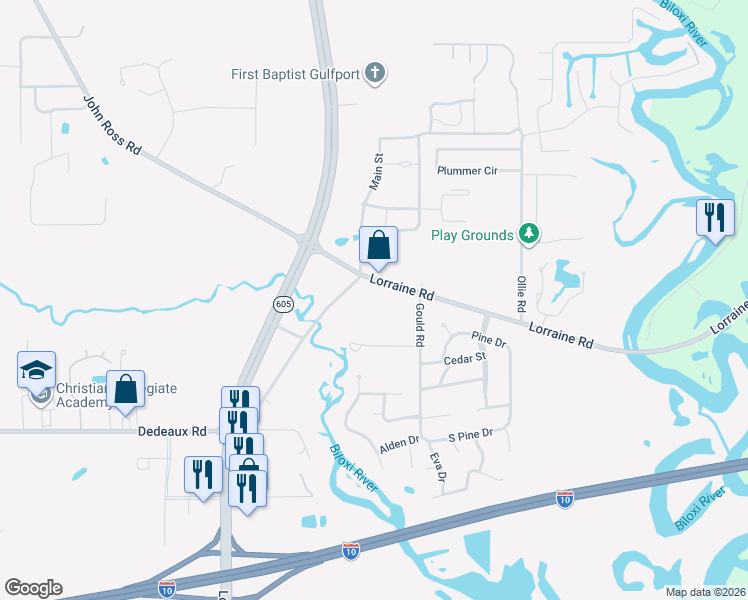 map of restaurants, bars, coffee shops, grocery stores, and more near 11526 Lorraine Road in Gulfport