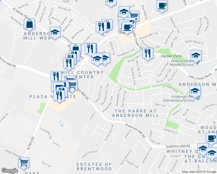 map of restaurants, bars, coffee shops, grocery stores, and more near 11440 Morning Glory Trail in Austin