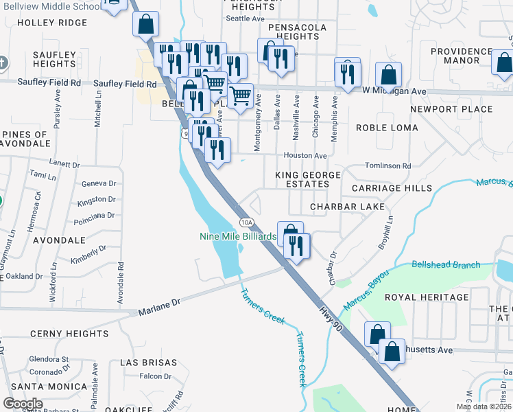 map of restaurants, bars, coffee shops, grocery stores, and more near 5400 Buckingham Road in Pensacola