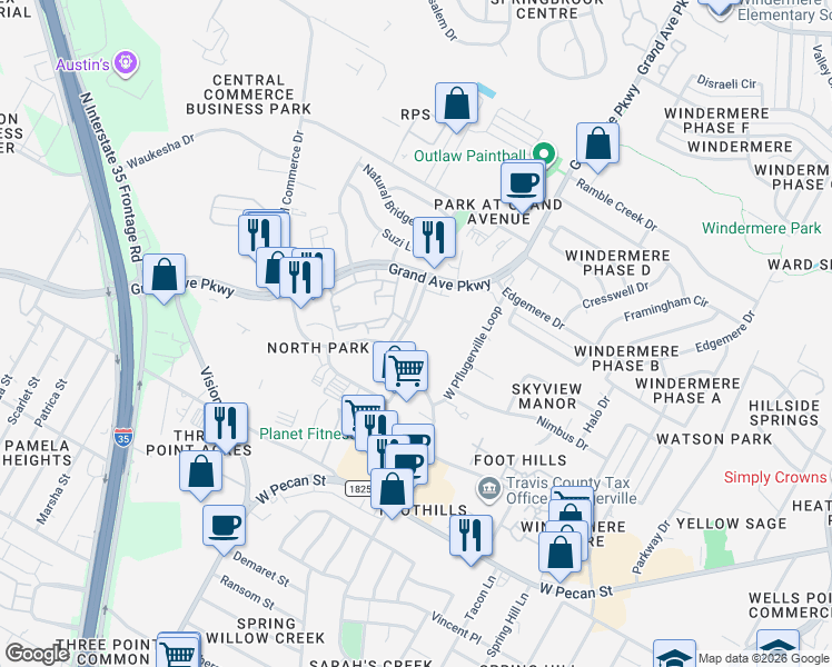map of restaurants, bars, coffee shops, grocery stores, and more near 16101 White River Boulevard in Pflugerville