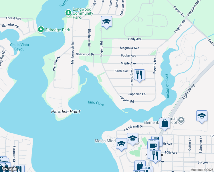 map of restaurants, bars, coffee shops, grocery stores, and more near 107 Poquito Road in Shalimar