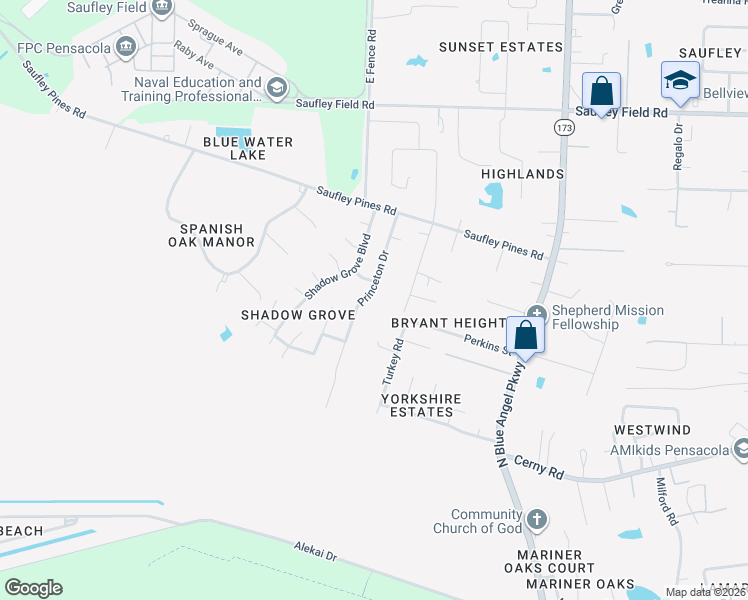 map of restaurants, bars, coffee shops, grocery stores, and more near 5842 Princeton Drive in Pensacola