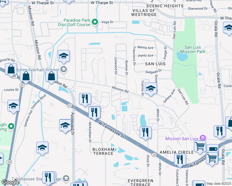 map of restaurants, bars, coffee shops, grocery stores, and more near 2566 West Tennessee Street in Tallahassee