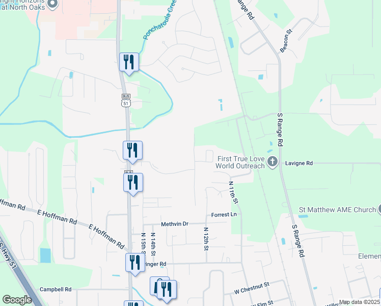 map of restaurants, bars, coffee shops, grocery stores, and more near 168 Southgate Drive in Ponchatoula