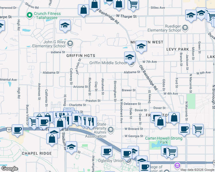 map of restaurants, bars, coffee shops, grocery stores, and more near 1116 Ellington Court in Tallahassee