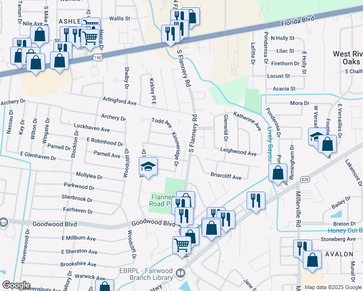 map of restaurants, bars, coffee shops, grocery stores, and more near 445 Kimmeridge Drive in Baton Rouge
