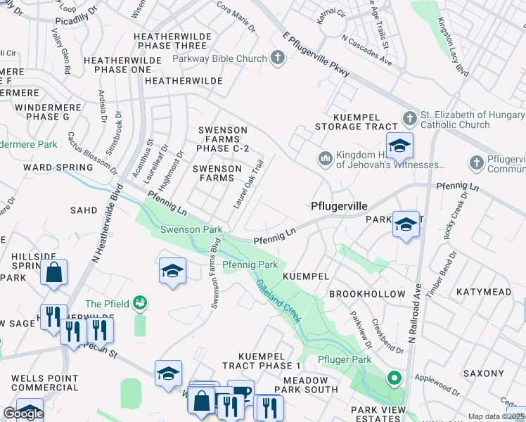 map of restaurants, bars, coffee shops, grocery stores, and more near 1202 Warm Springs Drive in Pflugerville