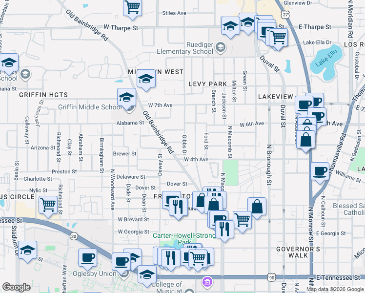 map of restaurants, bars, coffee shops, grocery stores, and more near 661 West 5th Avenue in Tallahassee