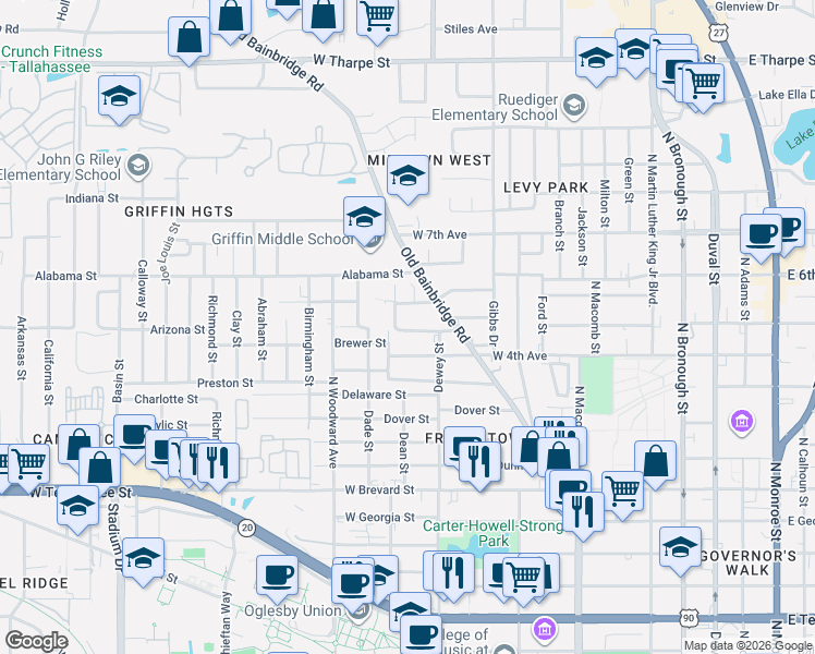 map of restaurants, bars, coffee shops, grocery stores, and more near 1116 Bennett Street in Tallahassee